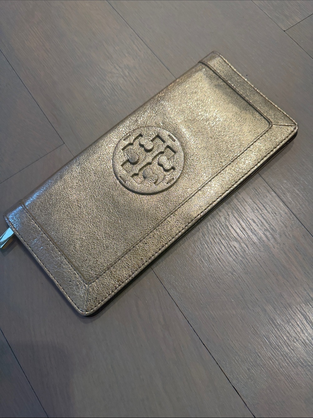 Tory Burch Metallic Gold Logo Zip Wallet